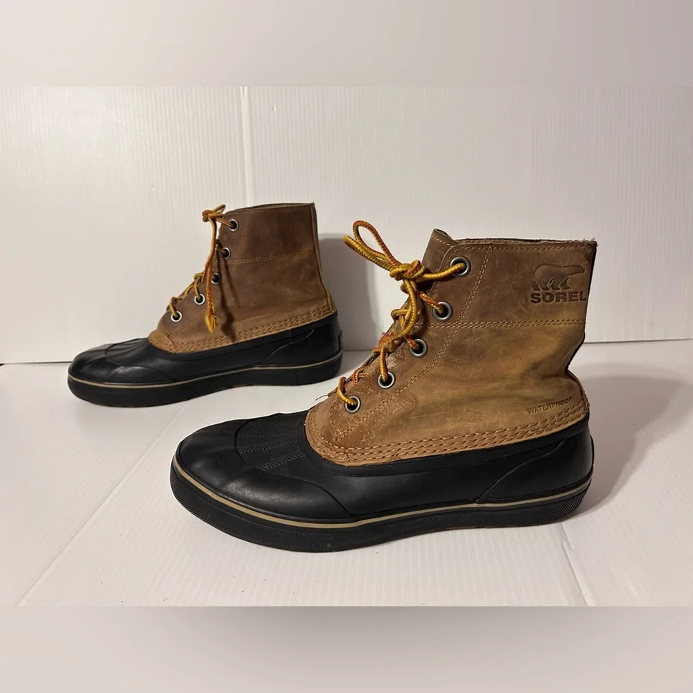 SOREL brown leather-upper rubber duck winter waterproof boots men size 10.5